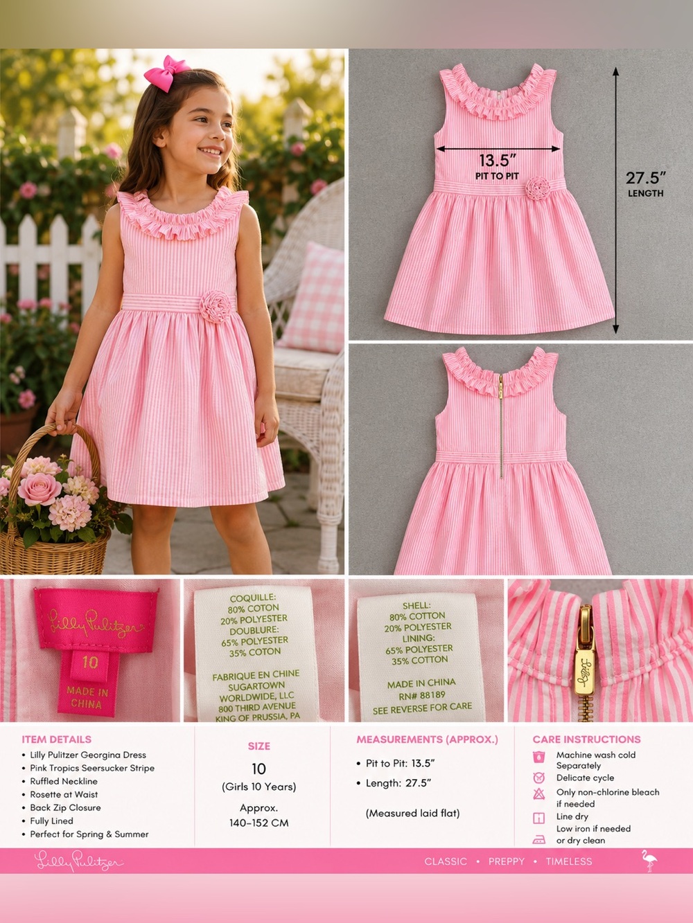 Lilly Pulitzer Girls' Pink Georgina Stripe Dress—Size 10